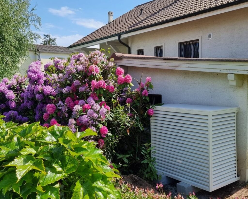 Image d'un jardin avec une pompe à chaleur ayant un cache pour que ce soit plus esthétique vendu et installé par AFM